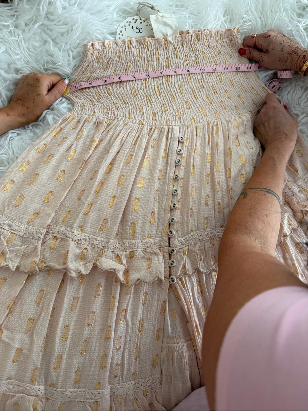 Smocked Tiered Maxi Skirt in Blush with Gold Accents - Picture 6 of 6